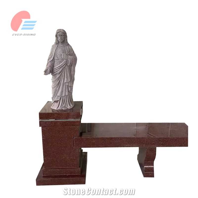 Ruby Red Granite Bench Columbarium With Jesus Statue