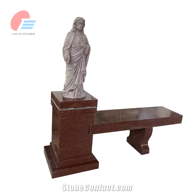 Ruby Red Granite Bench Columbarium With Jesus Statue