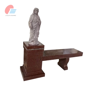 Ruby Red Granite Bench Columbarium With Jesus Statue