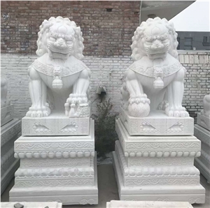 Hand Carved Large White Marble Stone Foo Dog Statues