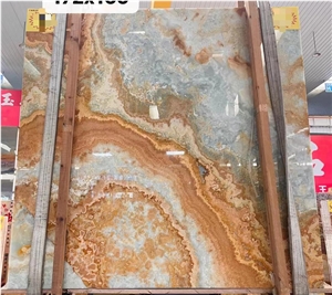 Luxury Design With Polished Blue Aqua Gold Onyx Slabs