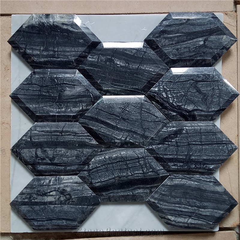 Antique Wood Black Marble Bevel Hexagon Mosaic Tile