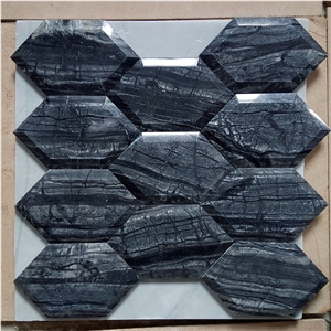 Antique Wood Black Marble Bevel Hexagon Mosaic Tile