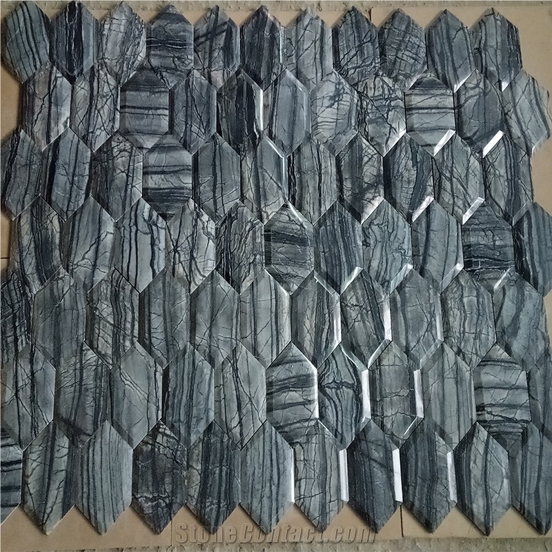Antique Wood Black Marble Bevel Hexagon Mosaic Tile