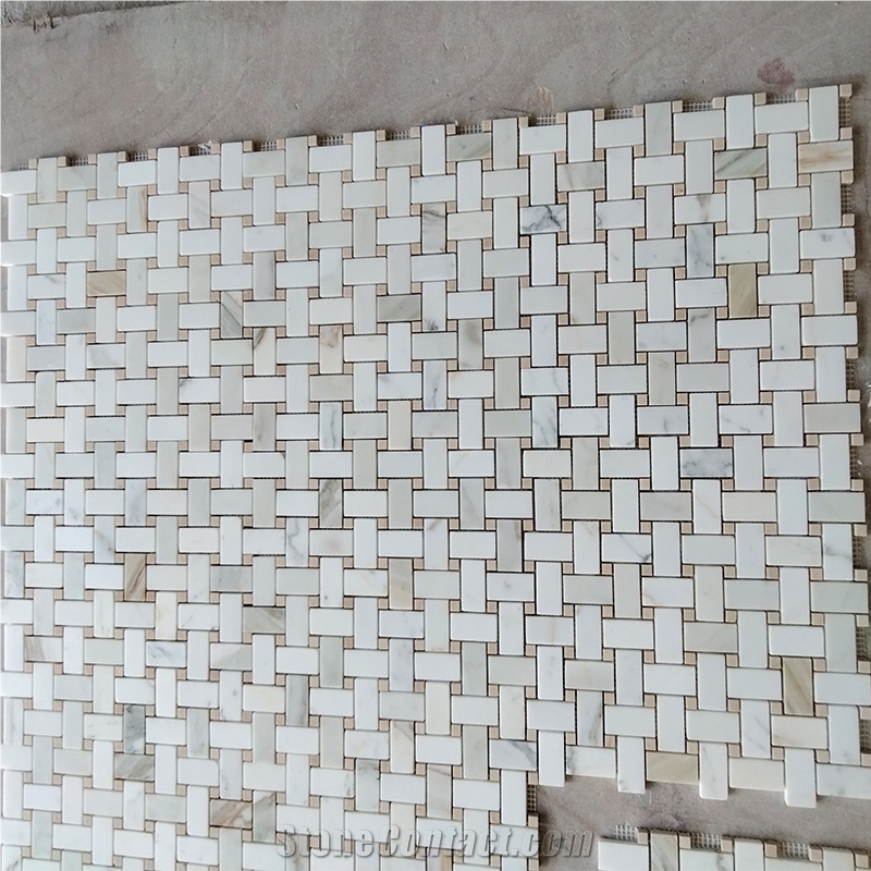 Calacatta And Crema Marfil Marble Basket Weave Mosaics