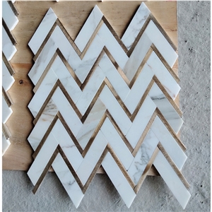 Calacatta And Gold Metal Tight Joint Herringbone Mosaic Tile