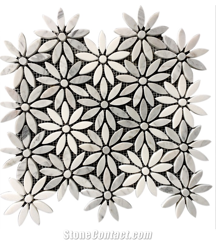 Carrara White Marble Daisy Flower Mosaic Art Tiles
