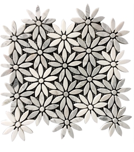Carrara White Marble Daisy Flower Mosaic Art Tiles