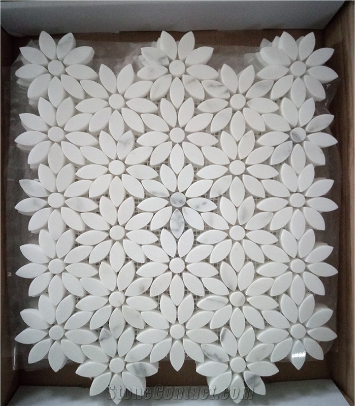 Carrara White Marble Daisy Flower Mosaic Art Tiles