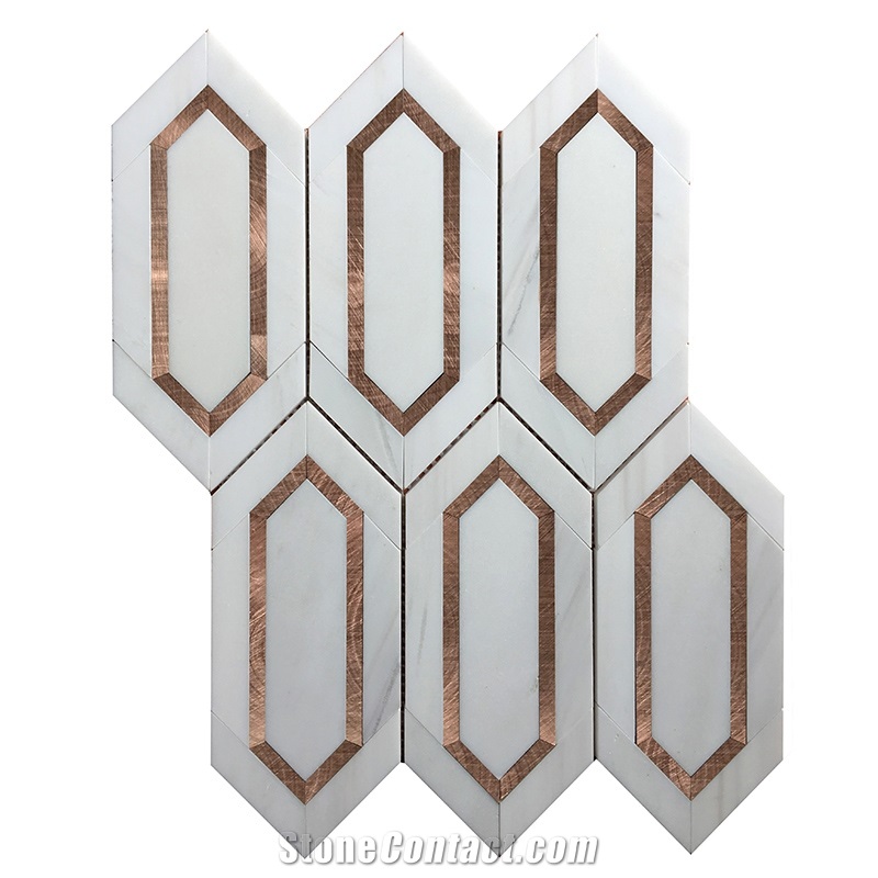 Dolomite White Marble And Metal Picket Mosaic Tile