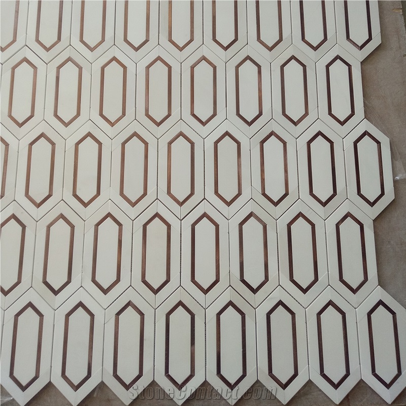 Dolomite White Marble And Metal Picket Mosaic Tile