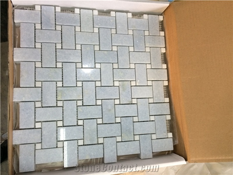 Light Blue Marble Azul Celeste Basketweave Mosaic Tiles