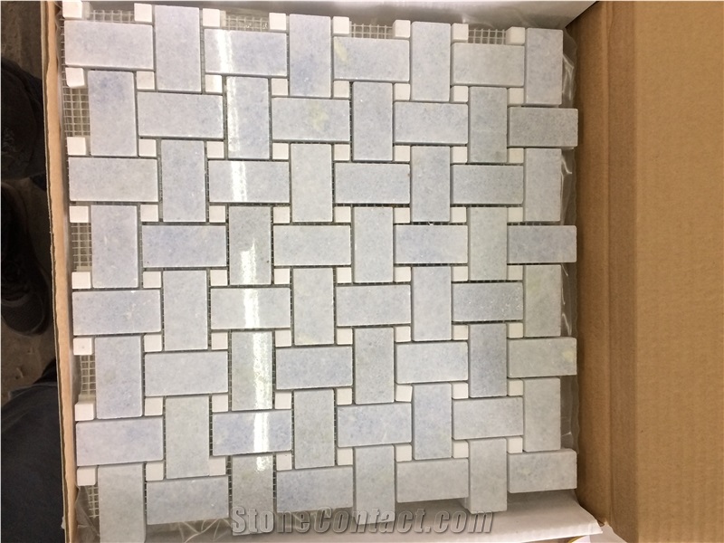 Light Blue Marble Azul Celeste Basketweave Mosaic Tiles