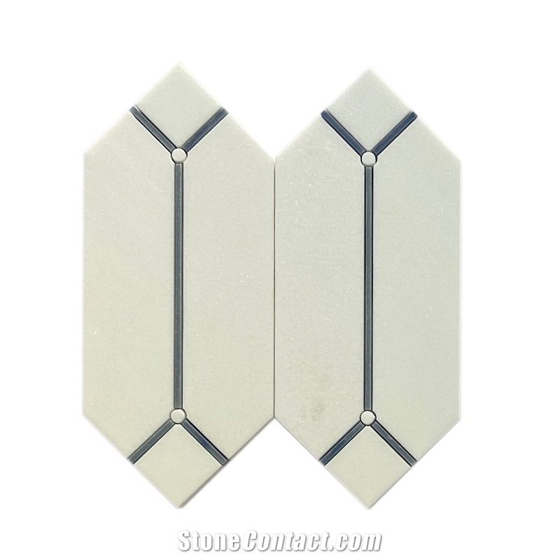 Thassos Marble Inlaid Azul Macauba Waterjet-Cut Mosaic