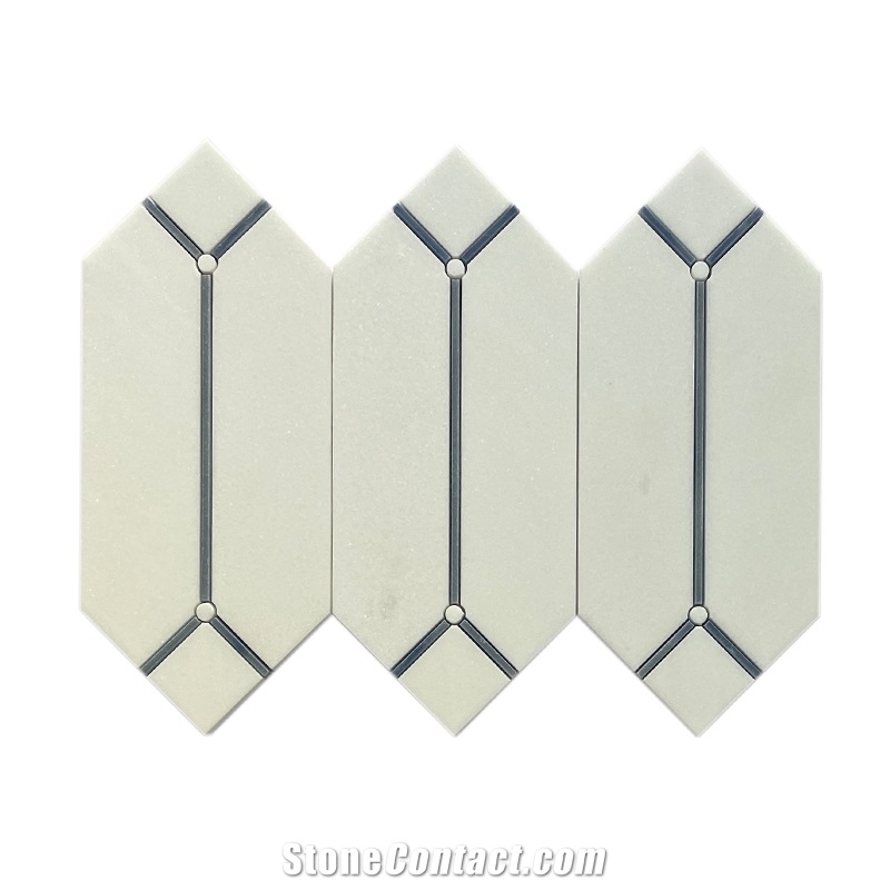 Thassos Marble Inlaid Azul Macauba Waterjet-Cut Mosaic