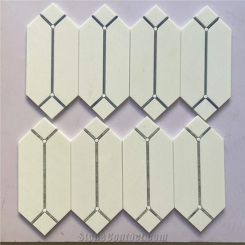 Thassos Marble Inlaid Azul Macauba Waterjet-Cut Mosaic
