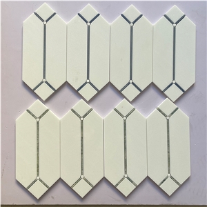 Thassos Marble Inlaid Azul Macauba Waterjet-Cut Mosaic