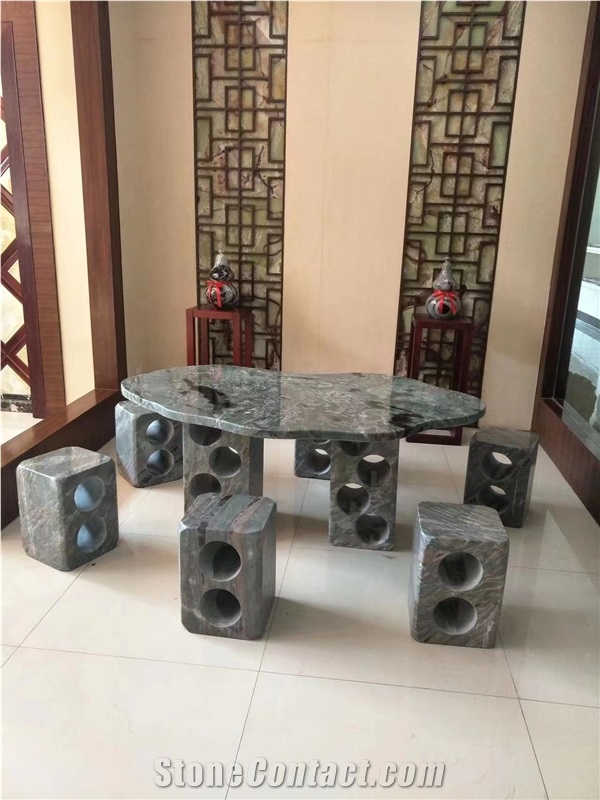 6-Stool Granite Garden Table Green Grade Garden Furniture