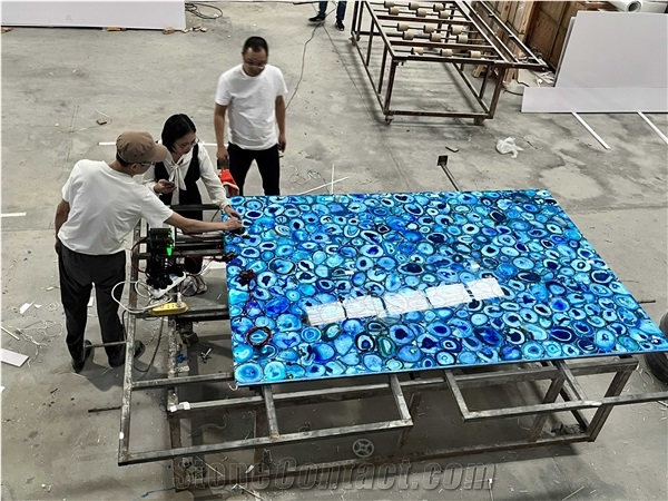 Blue Agate Semiprecious Stone Slabs With Backlit