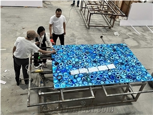 Blue Agate Semiprecious Stone Slabs With Backlit