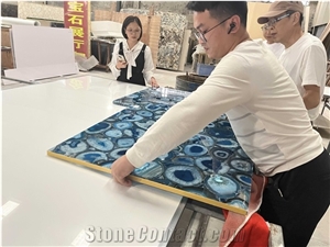 Blue Agate Semiprecious Stone Slabs With Backlit