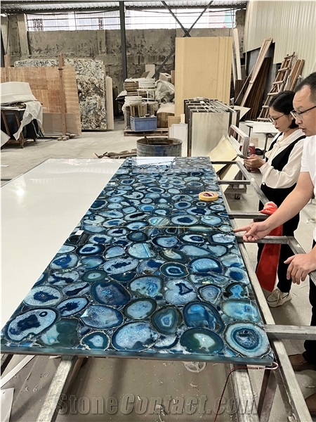 Blue Agate Semiprecious Stone Slabs With Backlit