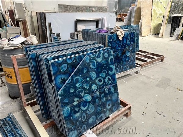 Blue Agate Semiprecious Stone Slabs With Backlit
