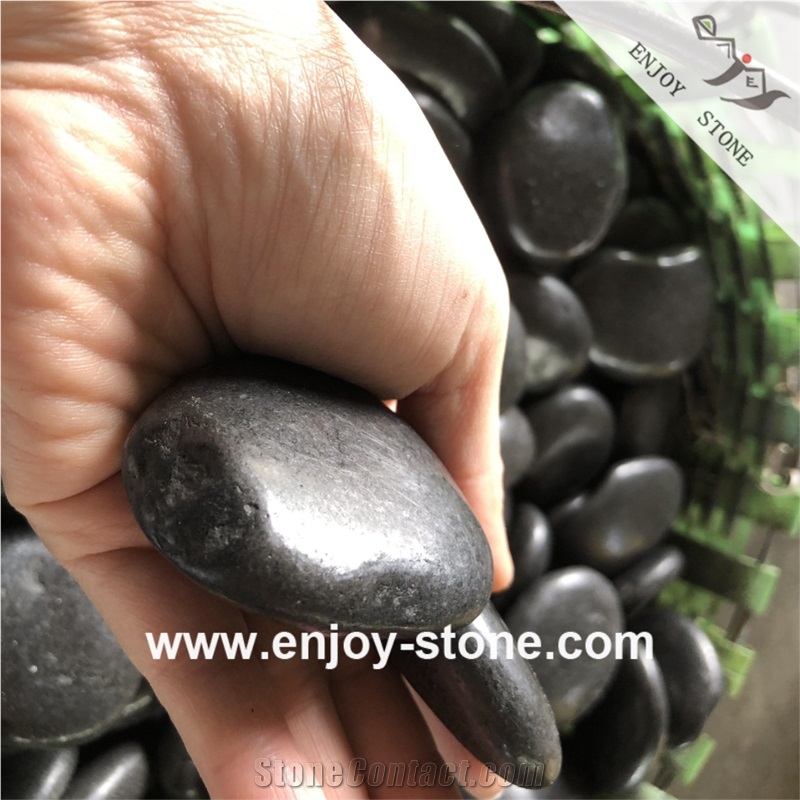 Polished Mixed Size Black Pebble Stone For Walkway/Road