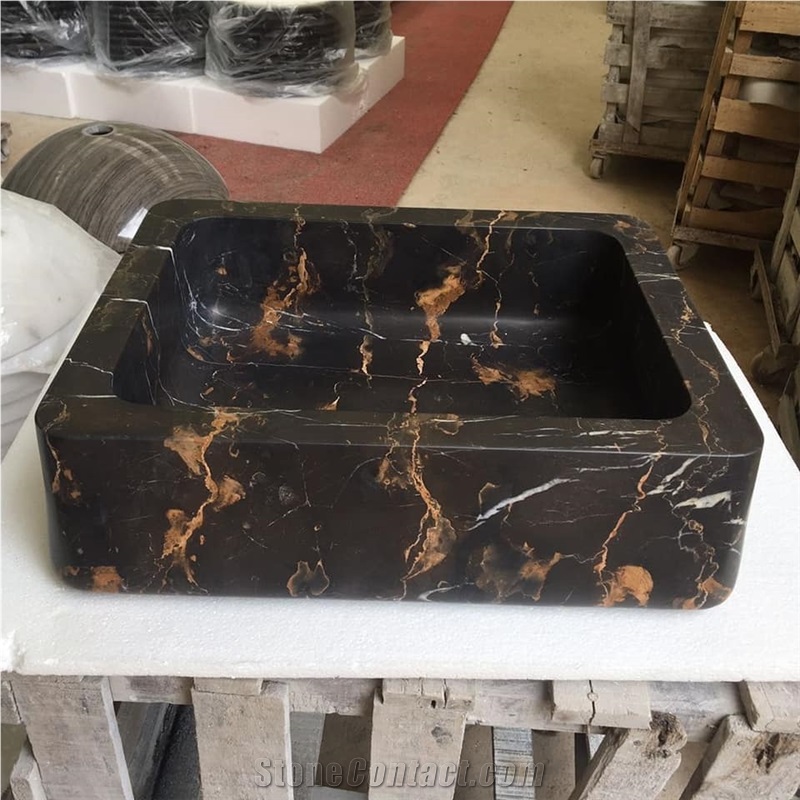 Black Marble Vessel Sink, Black Gold Flower Marble Basin