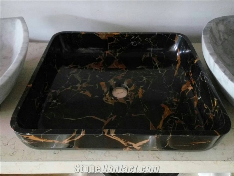 Black Marble Vessel Sink, Black Gold Flower Marble Basin