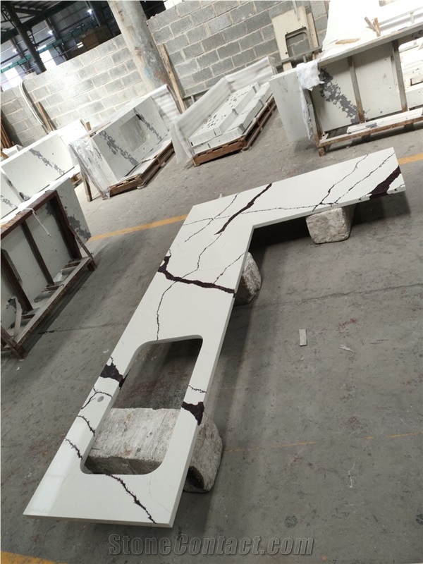 Calacatta White Quartz Kitchen Countertop Prefab