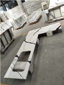 Calacatta White Quartz Kitchen Countertop Prefab