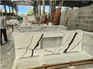 Calacatta White Quartz Kitchen Countertop Prefab