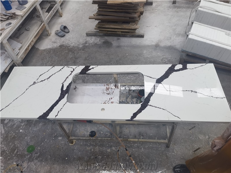Calacatta White Quartz Kitchen Countertop Prefab