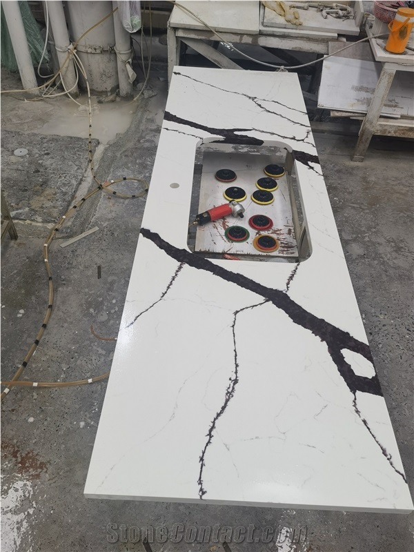 Calacatta White Quartz Kitchen Countertop Prefab