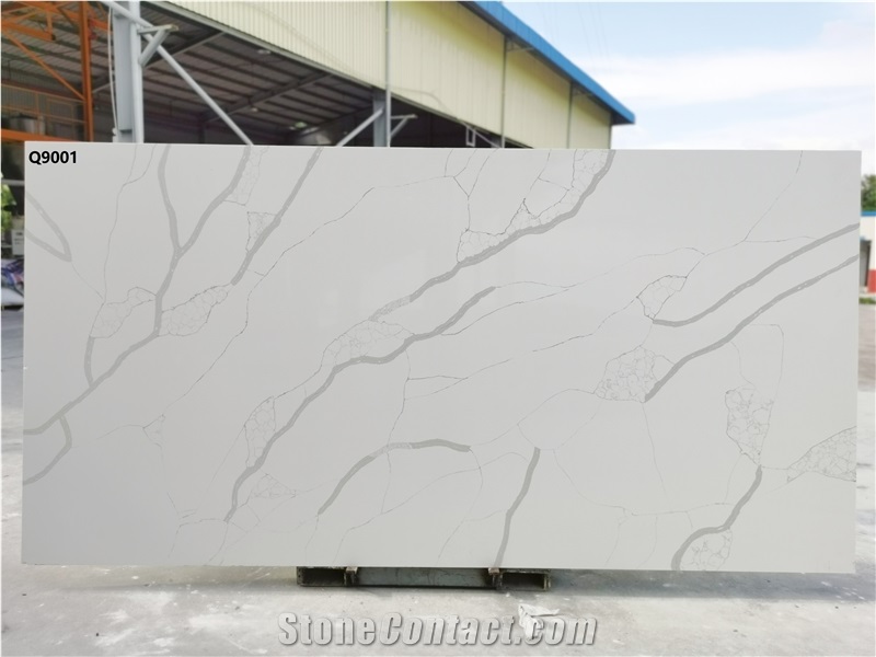 Calacatta White Quartz Stone Slab Fabricated In Vietnam