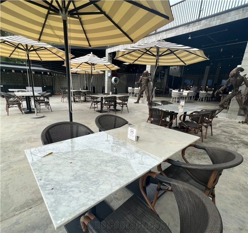 White Marble Grey Vein Table Top Design Restaurant Tabletops