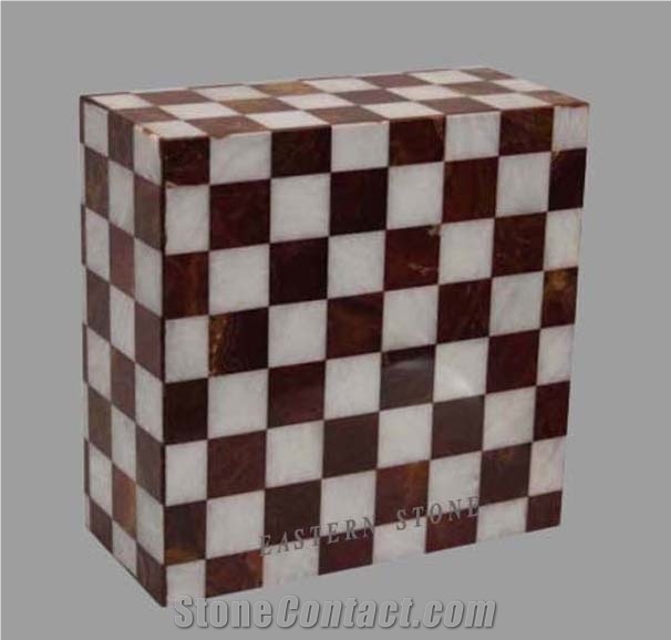 ASH URN CHECKERBOARD, MOSAIC STONE FUNERAL URN, CREMATION