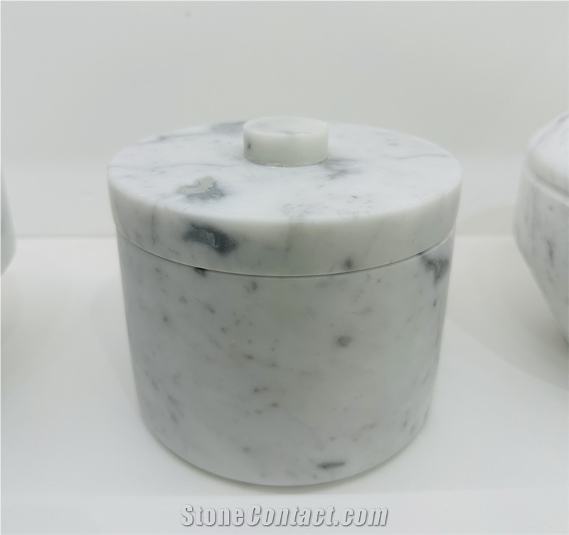 Carrara White Marble Round Jar With Cover
