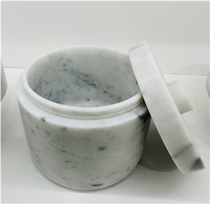 Carrara White Marble Round Jar With Cover