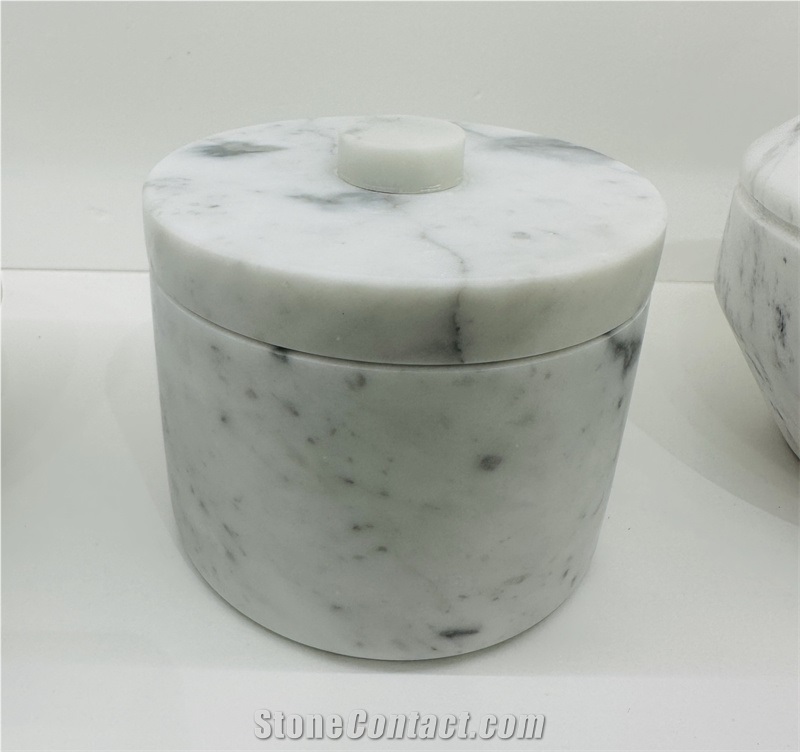 Carrara White Marble Round Jar With Cover