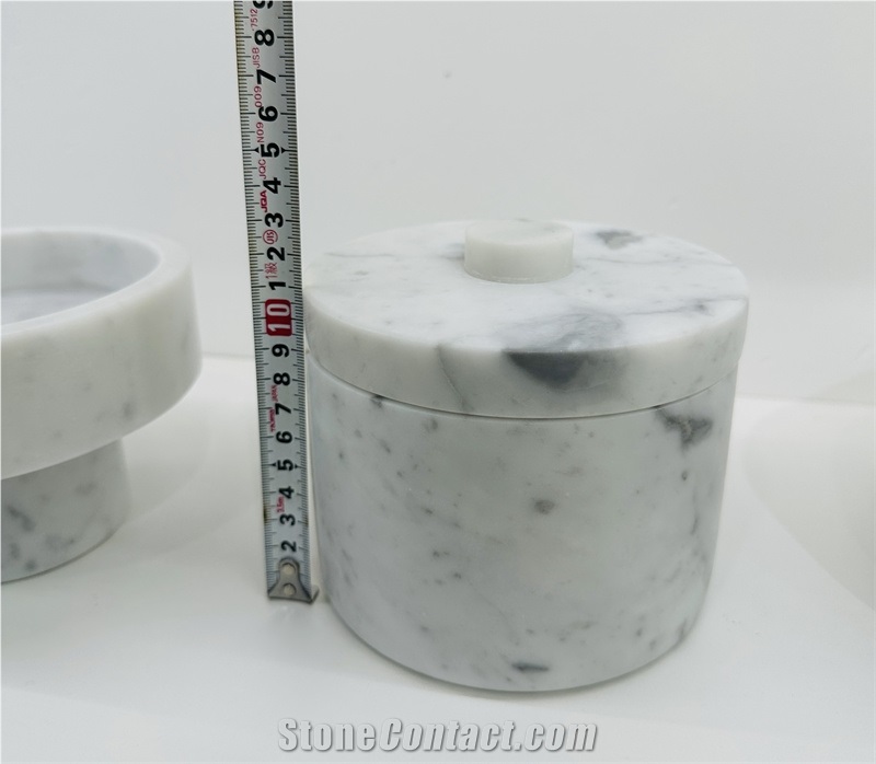Carrara White Marble Round Jar With Cover