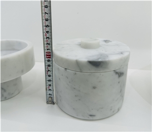 Carrara White Marble Round Jar With Cover