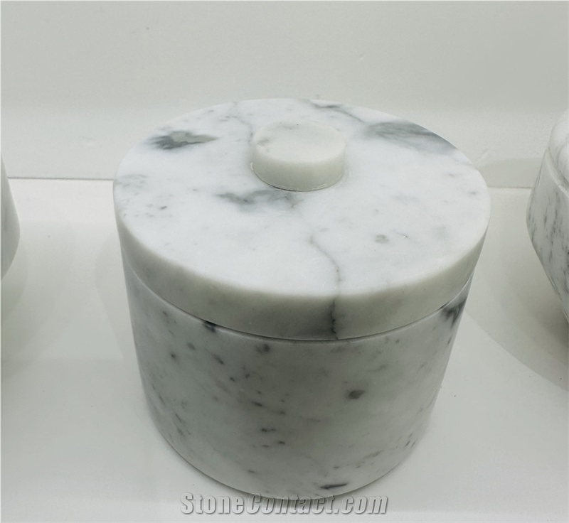 Carrara White Marble Round Jar With Cover