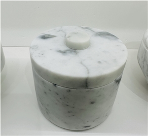 Carrara White Marble Round Jar With Cover
