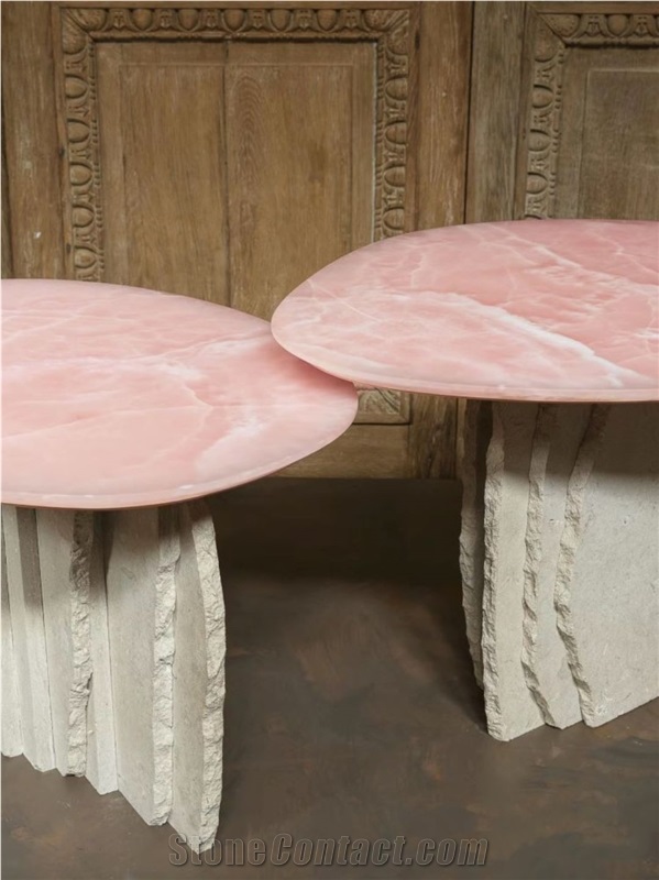 Pink Onyx And Beige Travertine Side Table Interior Design