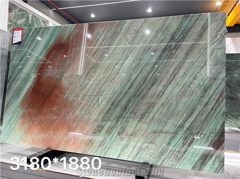 Botanic Green Quartzite Aqua Bordeaux Bookmatched Slab