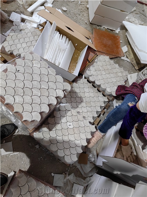 Fish Scale Beige Marble Mosaic Tiles