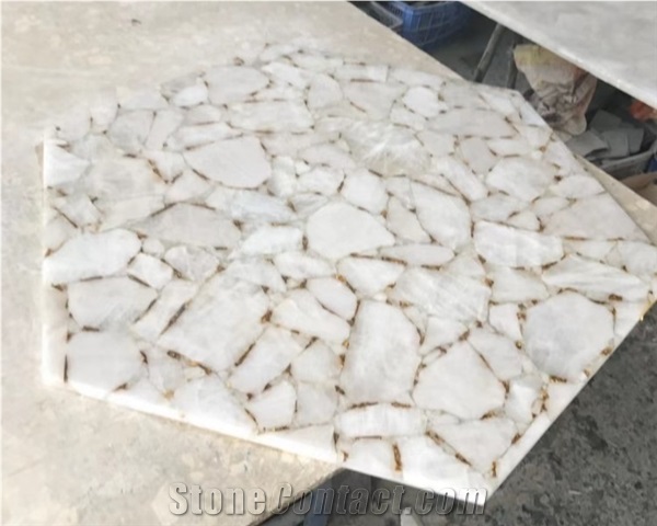 Natural White Crystal Quartz With Gold Leaf Semiprecious Stone Slabs