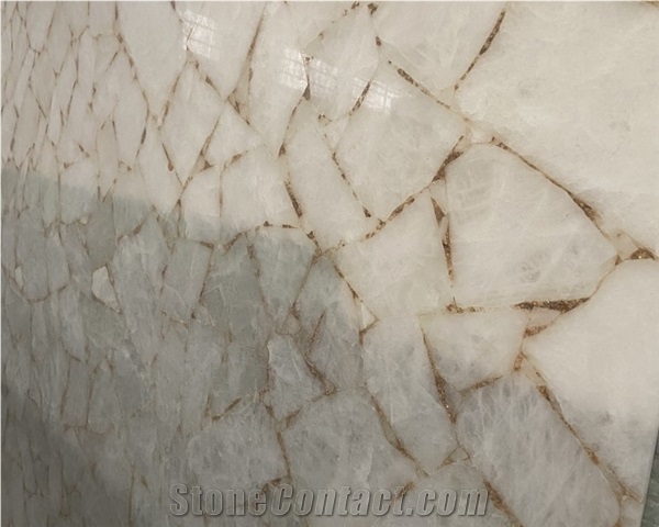 Natural White Crystal Quartz With Gold Leaf Semiprecious Stone Slabs